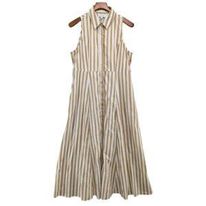 Livro Maxi Shirt Dress Beige White Stripes Sleeveless Cotton Button Front Size L